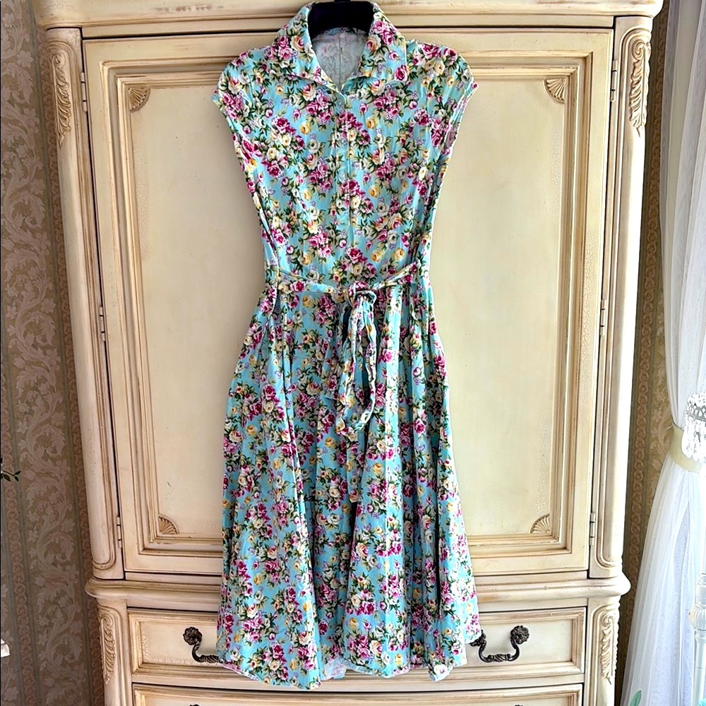 Beautiful Floral Print Midi Length Dress in Blue and Pink